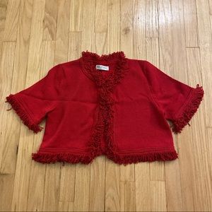 Designer red silk fringe knit crop cardigan